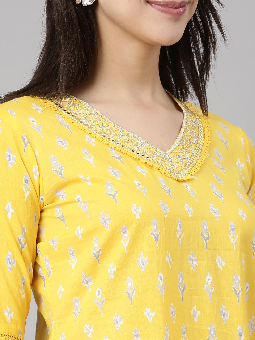 Neerus Yellow Regular Straight Floral Kurta And  Trousers With Dupatta