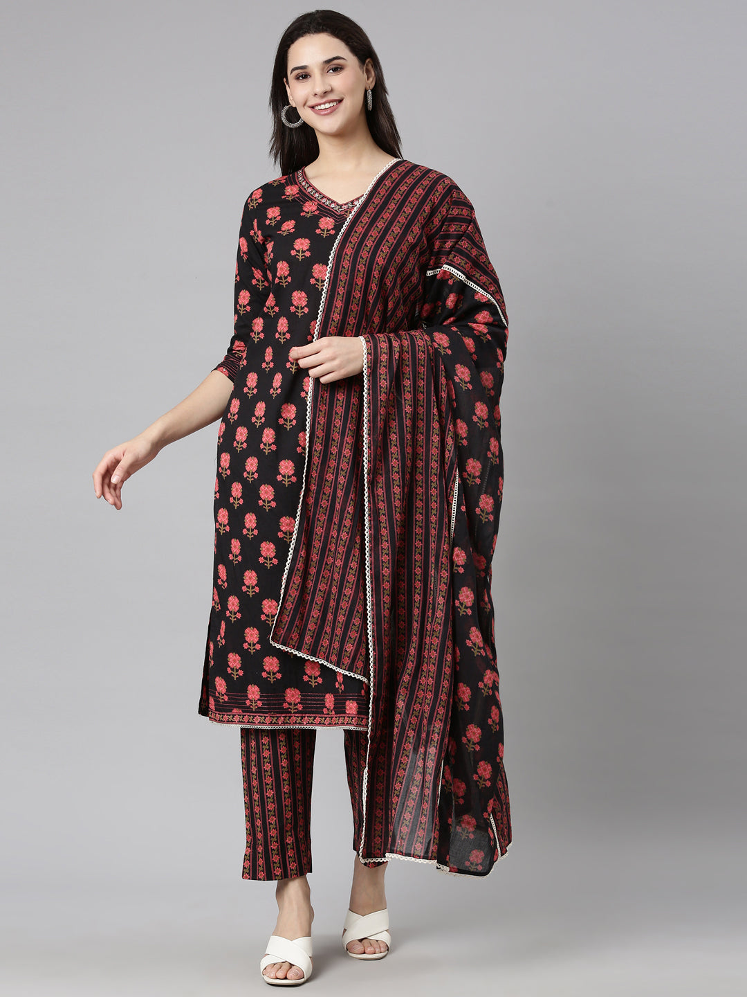 Neerus Black Regular Straight Floral Kurta And  Trousers With Dupatta