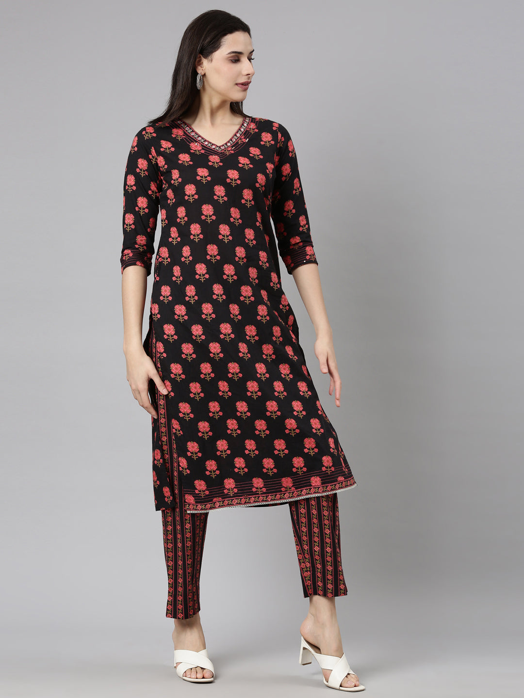 Neerus Black Regular Straight Floral Kurta And  Trousers With Dupatta