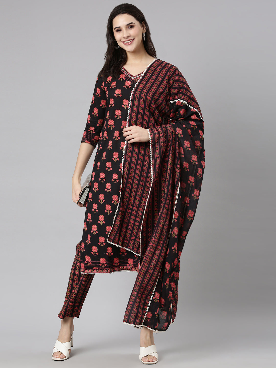 Neerus Black Regular Straight Floral Kurta And  Trousers With Dupatta