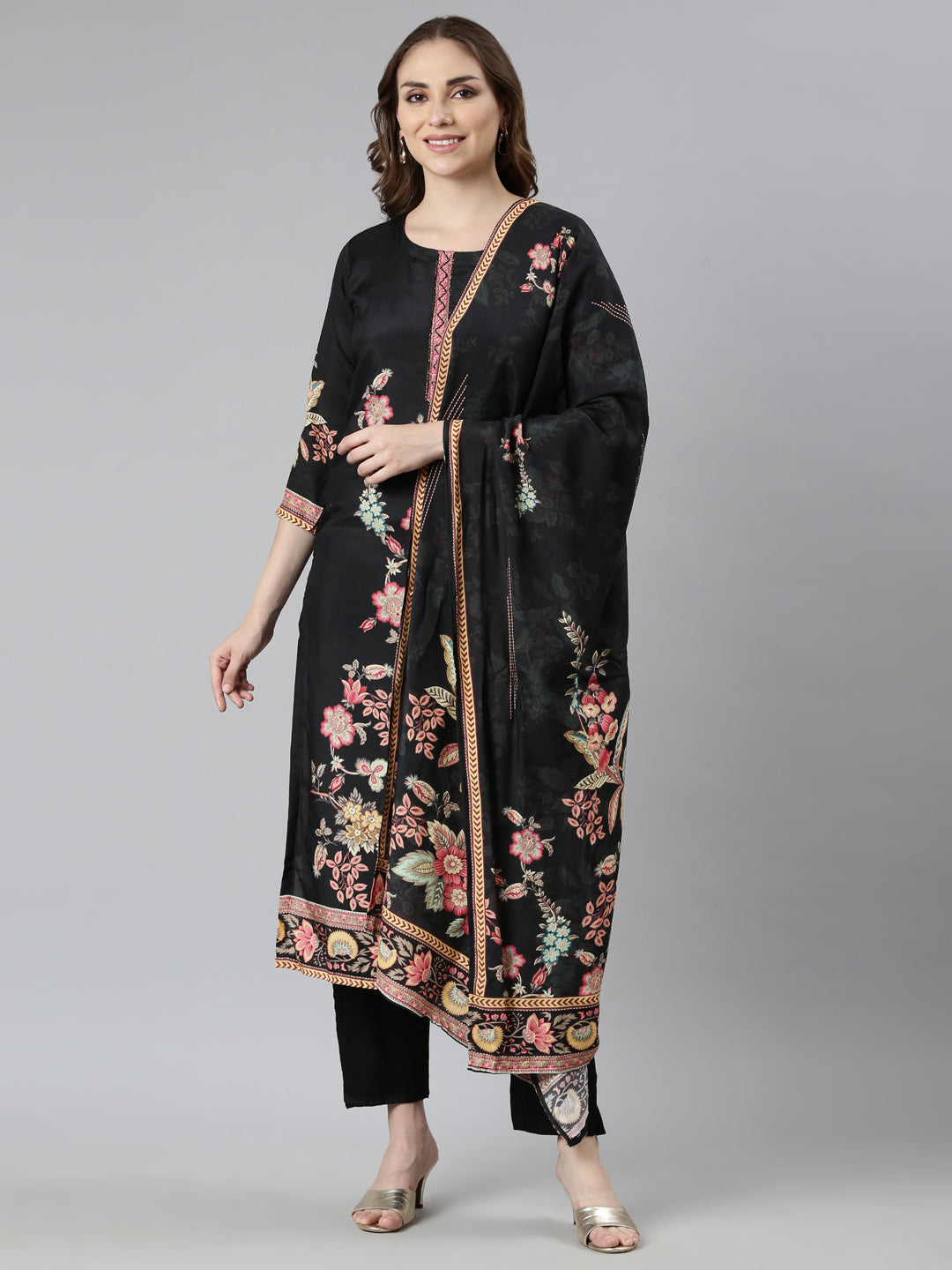 Neerus Black Regular Straight Floral Kurta And  Trousers With Dupatta