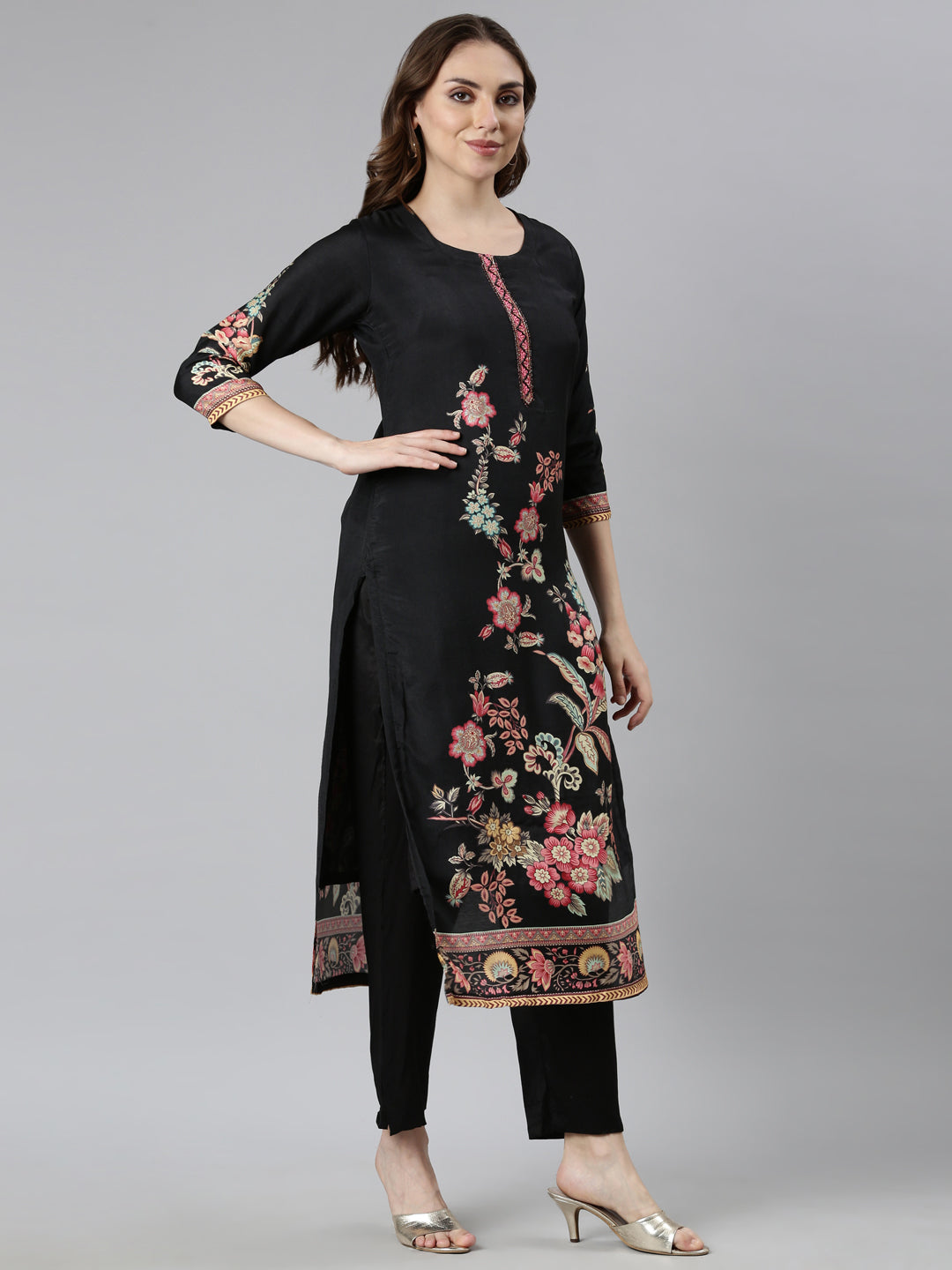 Neerus Black Regular Straight Floral Kurta And  Trousers With Dupatta