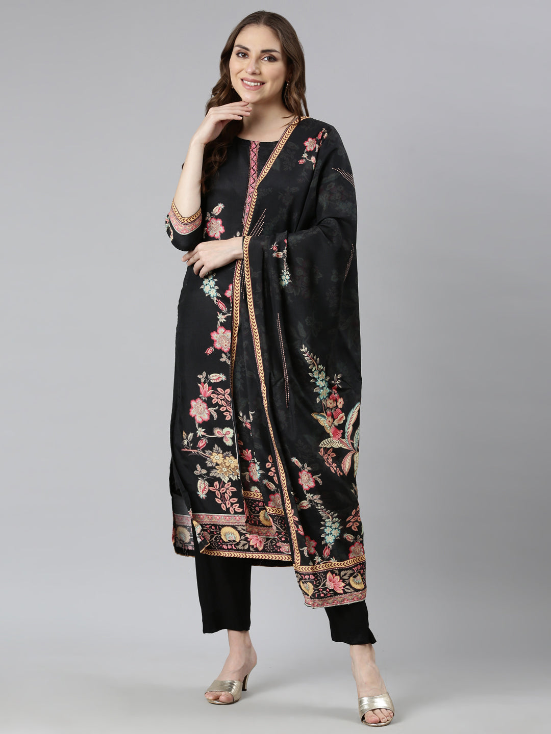 Neerus Black Regular Straight Floral Kurta And  Trousers With Dupatta