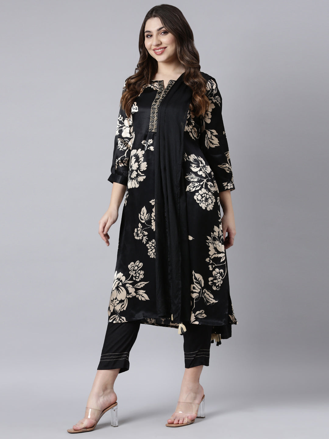 Neerus Black Regular Straight Floral Kurta And Trousers With Dupatta