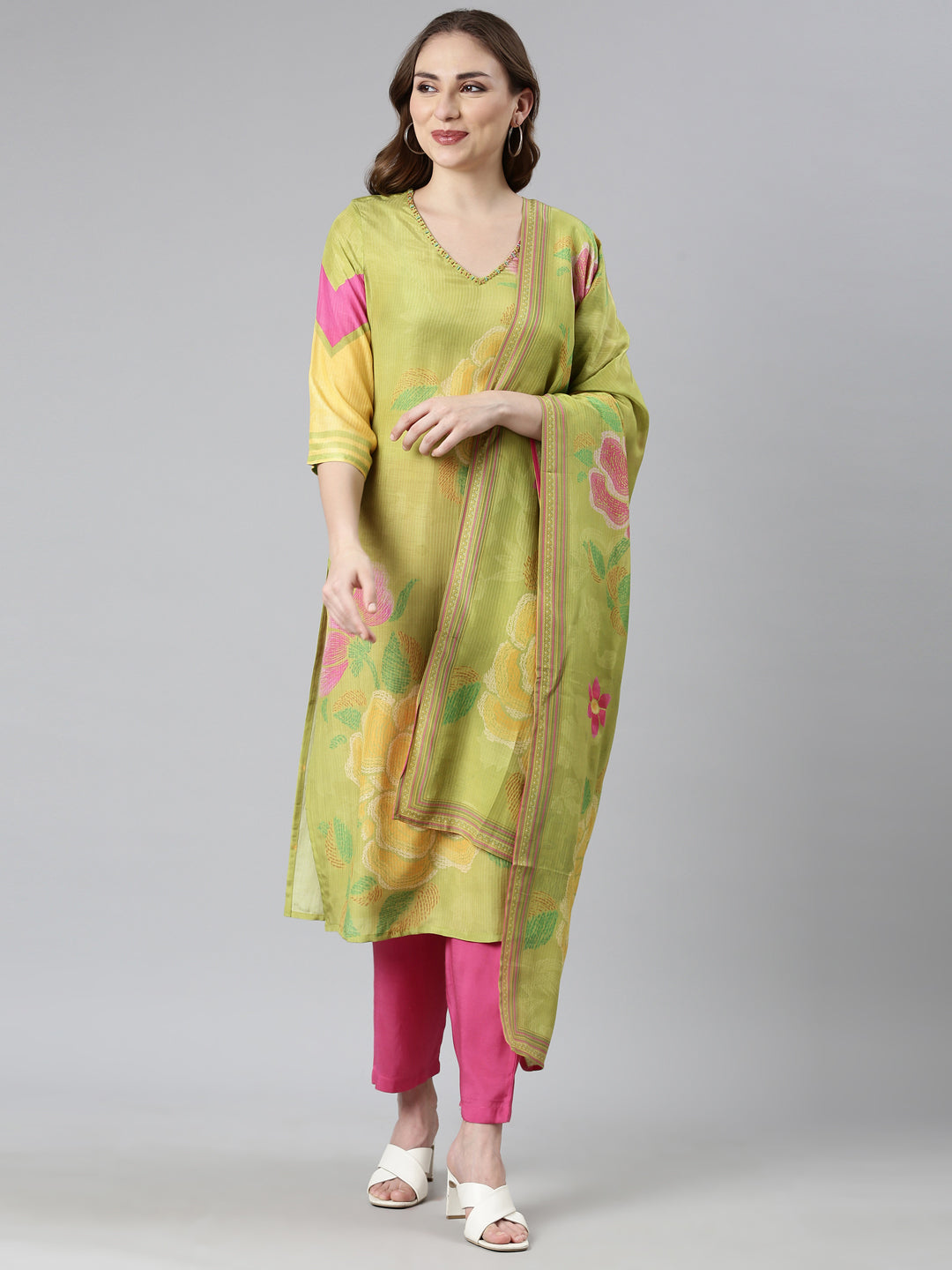 Neerus Green Regular Straight Floral Kurta And  Trousers With Dupatta