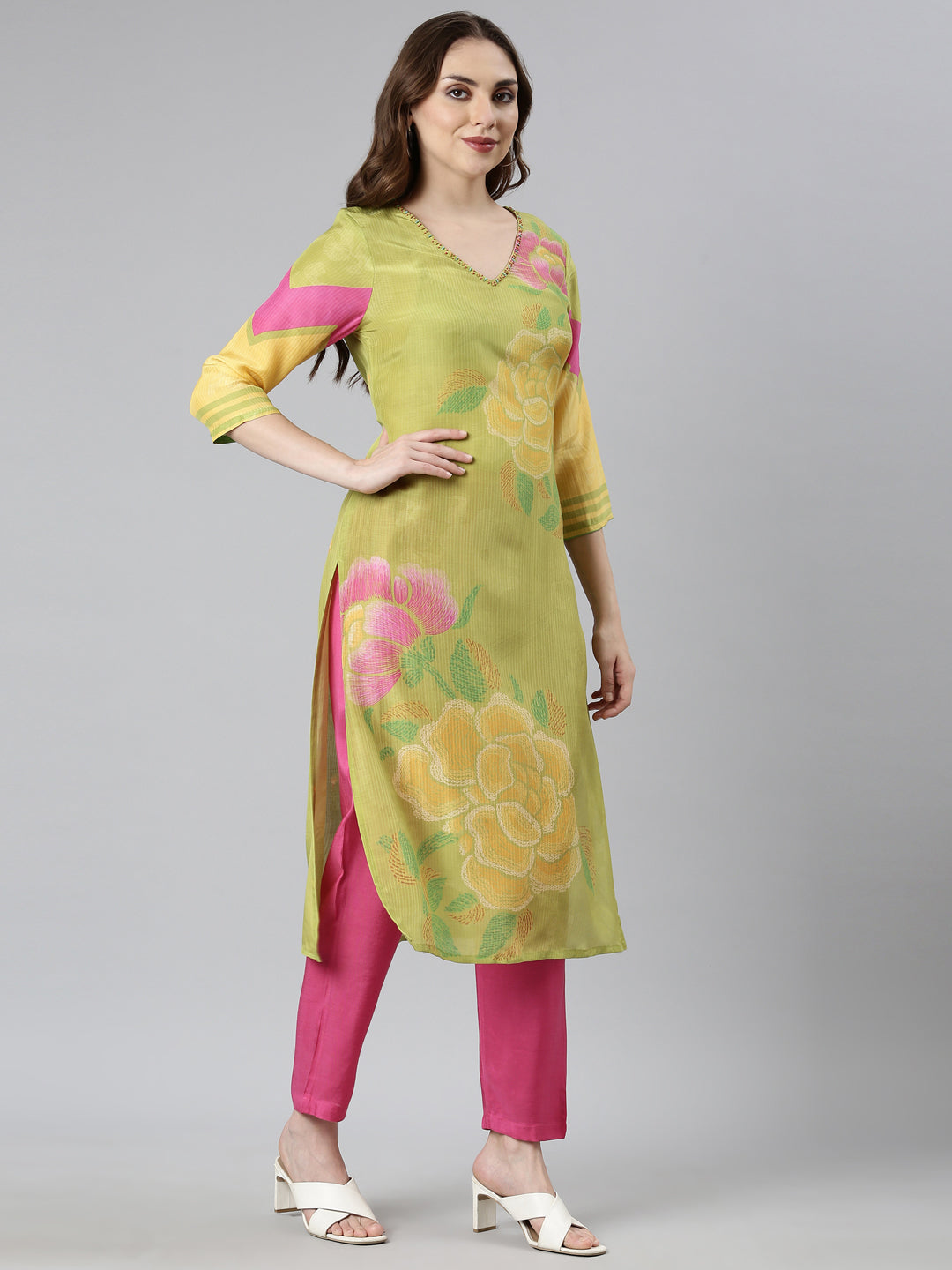 Neerus Green Regular Straight Floral Kurta And  Trousers With Dupatta