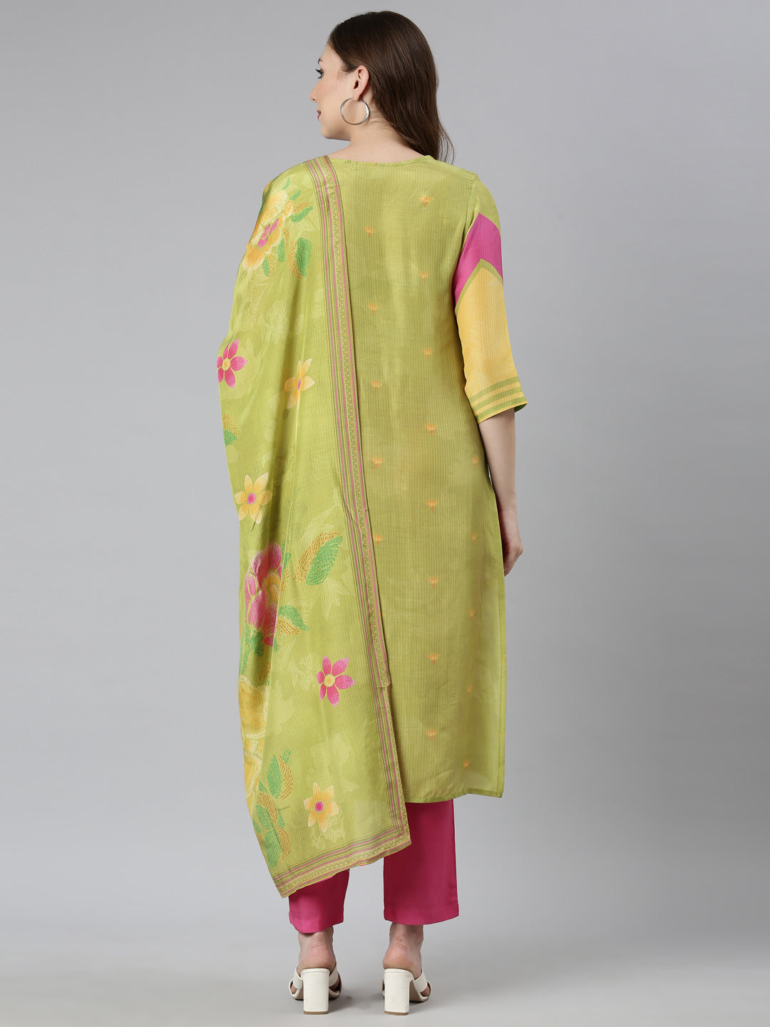 Neerus Green Regular Straight Floral Kurta And  Trousers With Dupatta