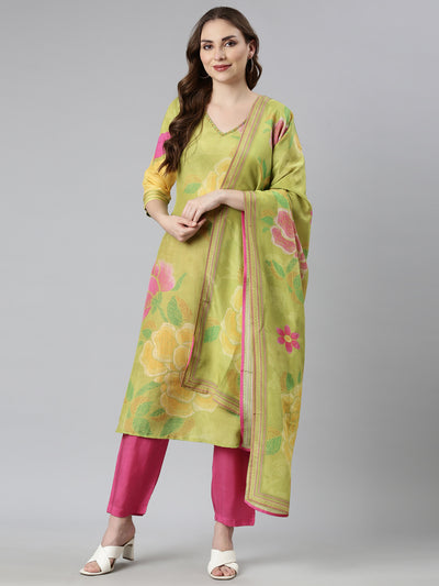 Neerus Green Regular Straight Floral Kurta And  Trousers With Dupatta