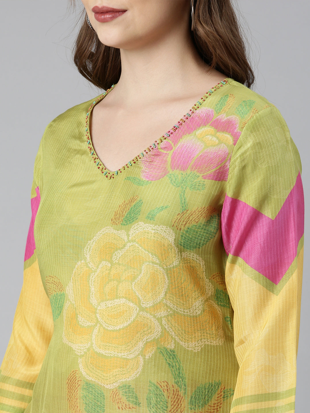 Neerus Green Regular Straight Floral Kurta And  Trousers With Dupatta