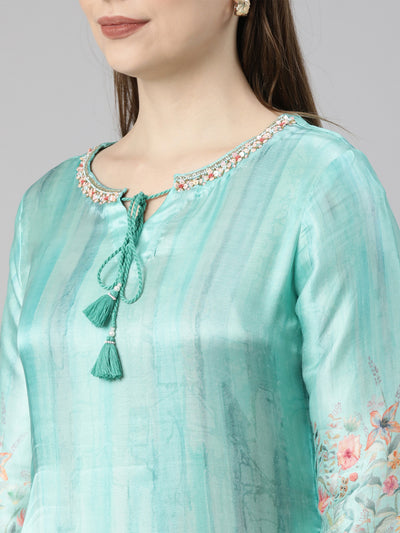 Neerus Sea Green Regular Straight Floral Readymade suits