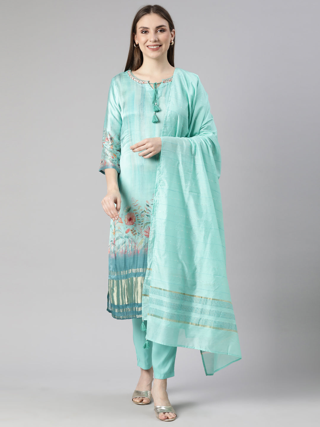 Neerus Sea Green Regular Straight Floral Readymade suits