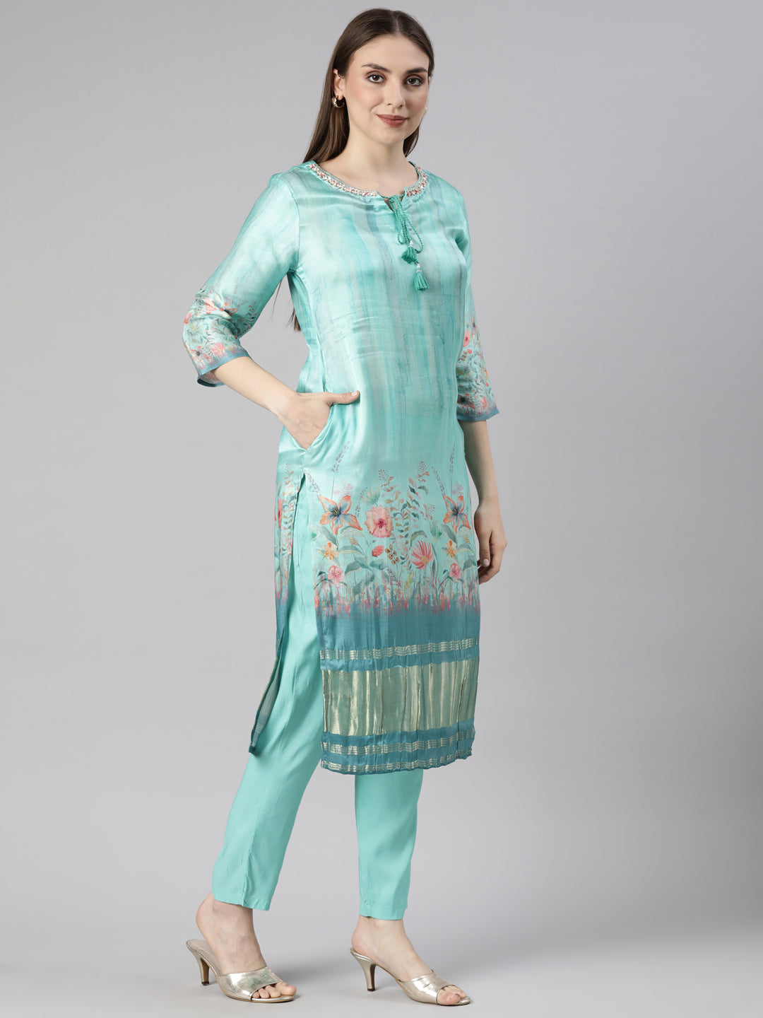 Neerus Sea Green Regular Straight Floral Readymade suits