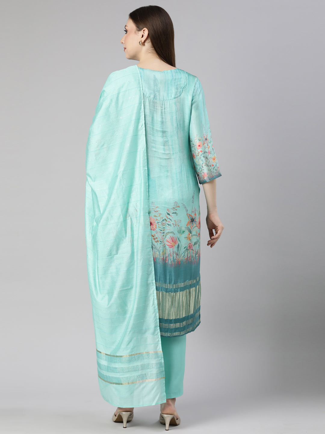 Neerus Sea Green Regular Straight Floral Readymade suits