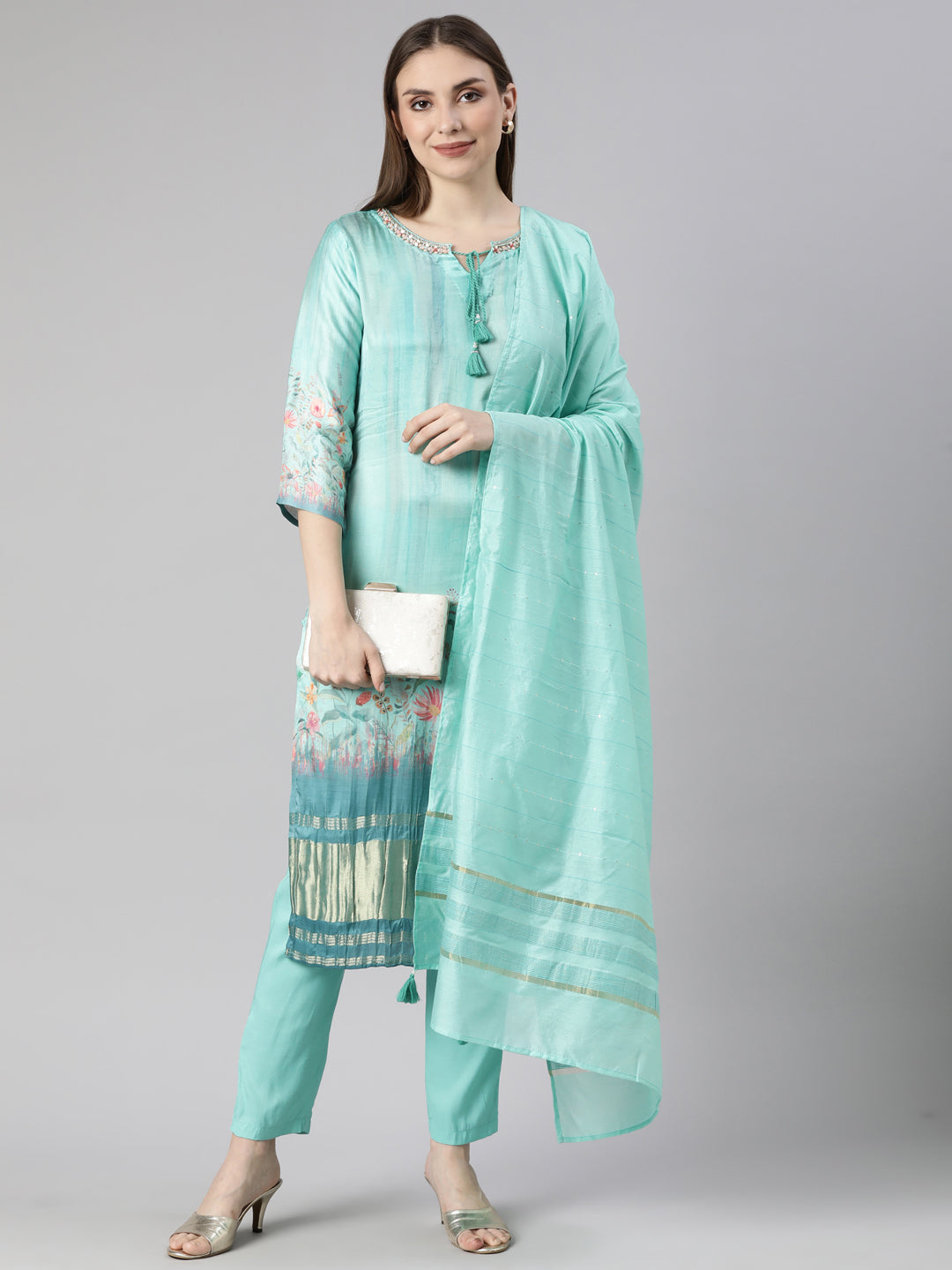 Neerus Sea Green Regular Straight Floral Readymade suits