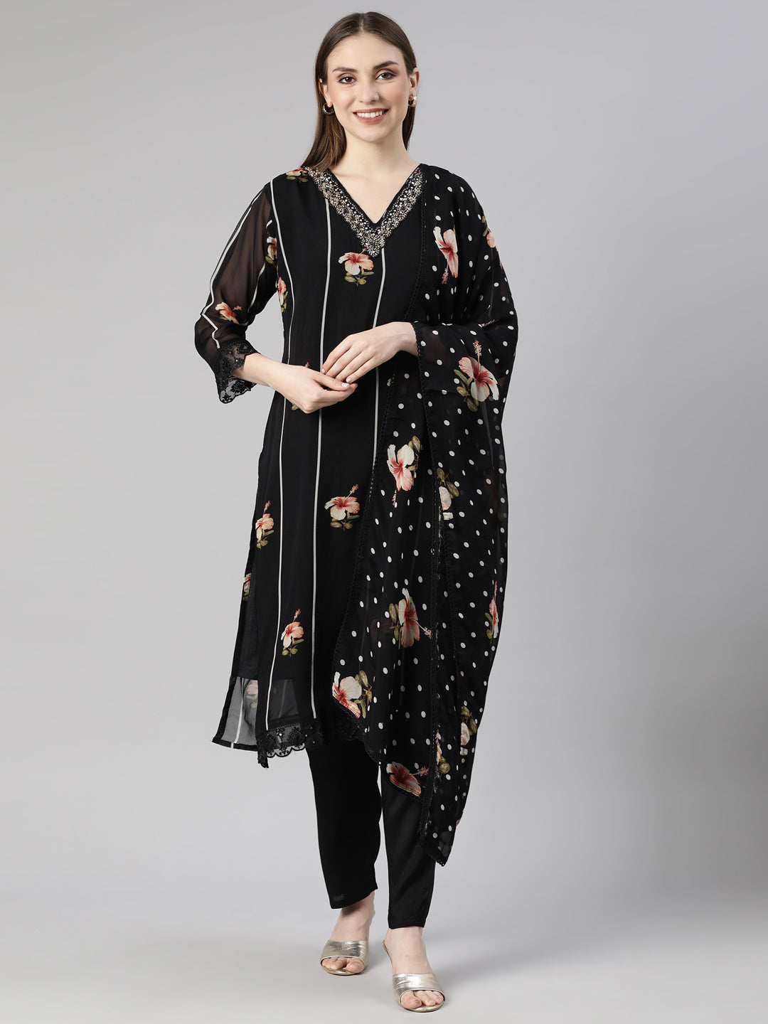 Neerus Black Regular Straight Floral Kurta And  Trousers With Dupatta