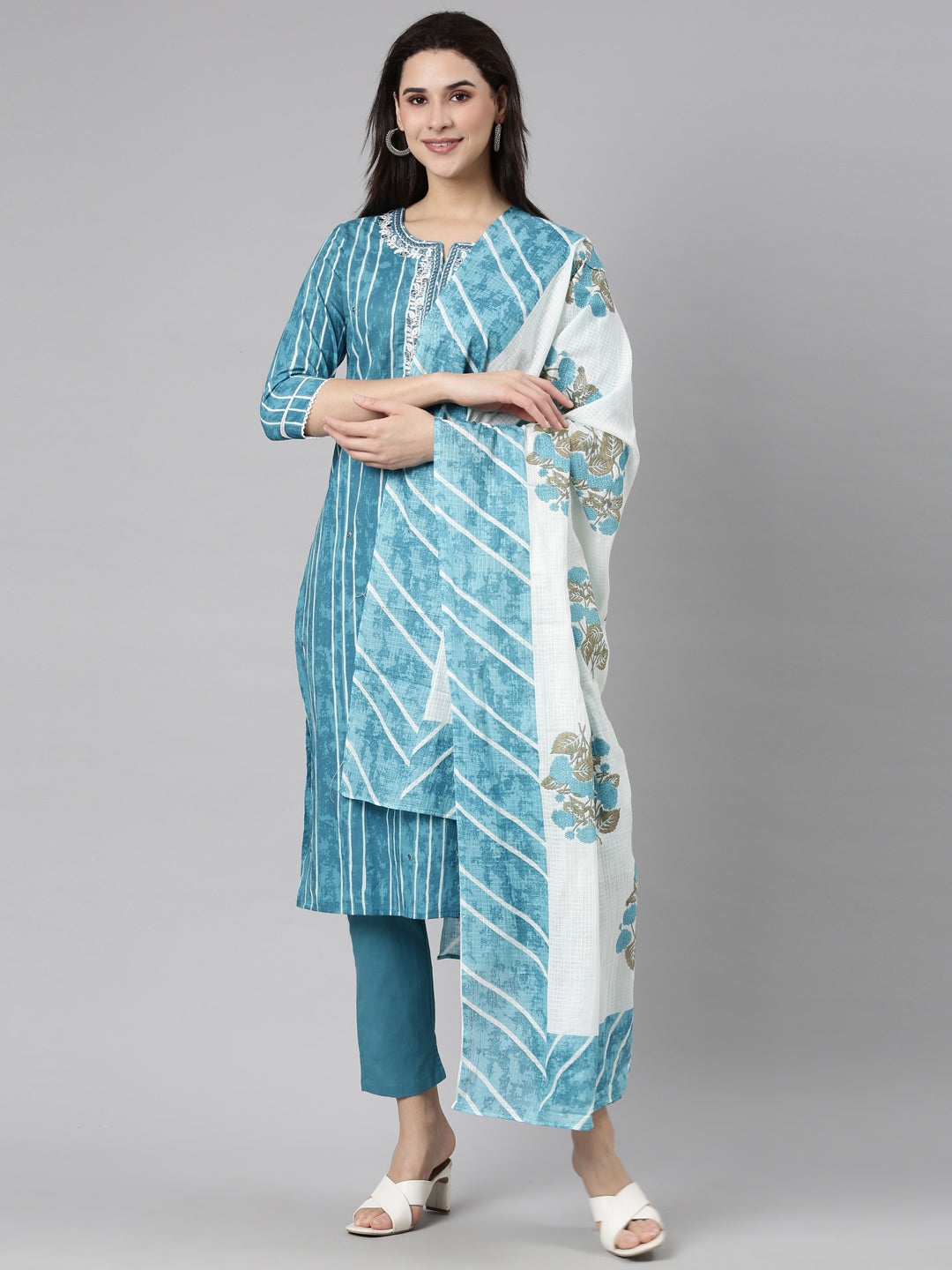 Neerus Blue Regular Straight Striped Kurta And  Trousers With Dupatta