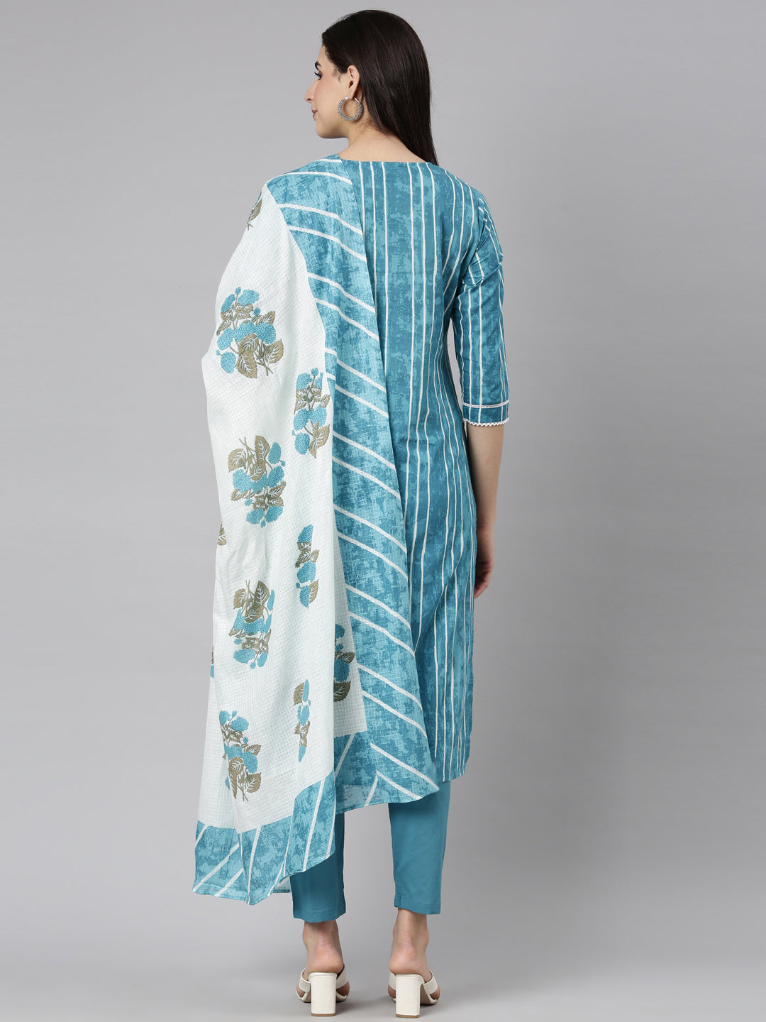 Neerus Blue Regular Straight Striped Kurta And  Trousers With Dupatta