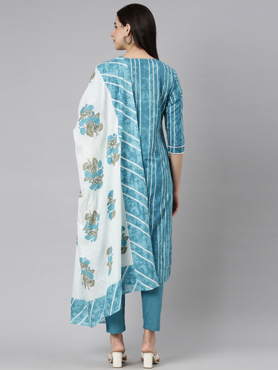 Neerus Blue Regular Straight Striped Kurta And  Trousers With Dupatta