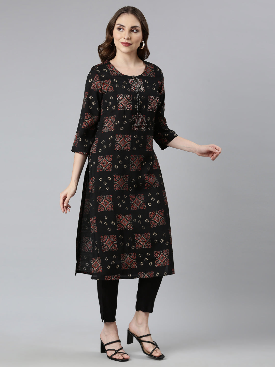 Neerus Black Regular Straight Geometric Kurta And  Trousers With Dupatta