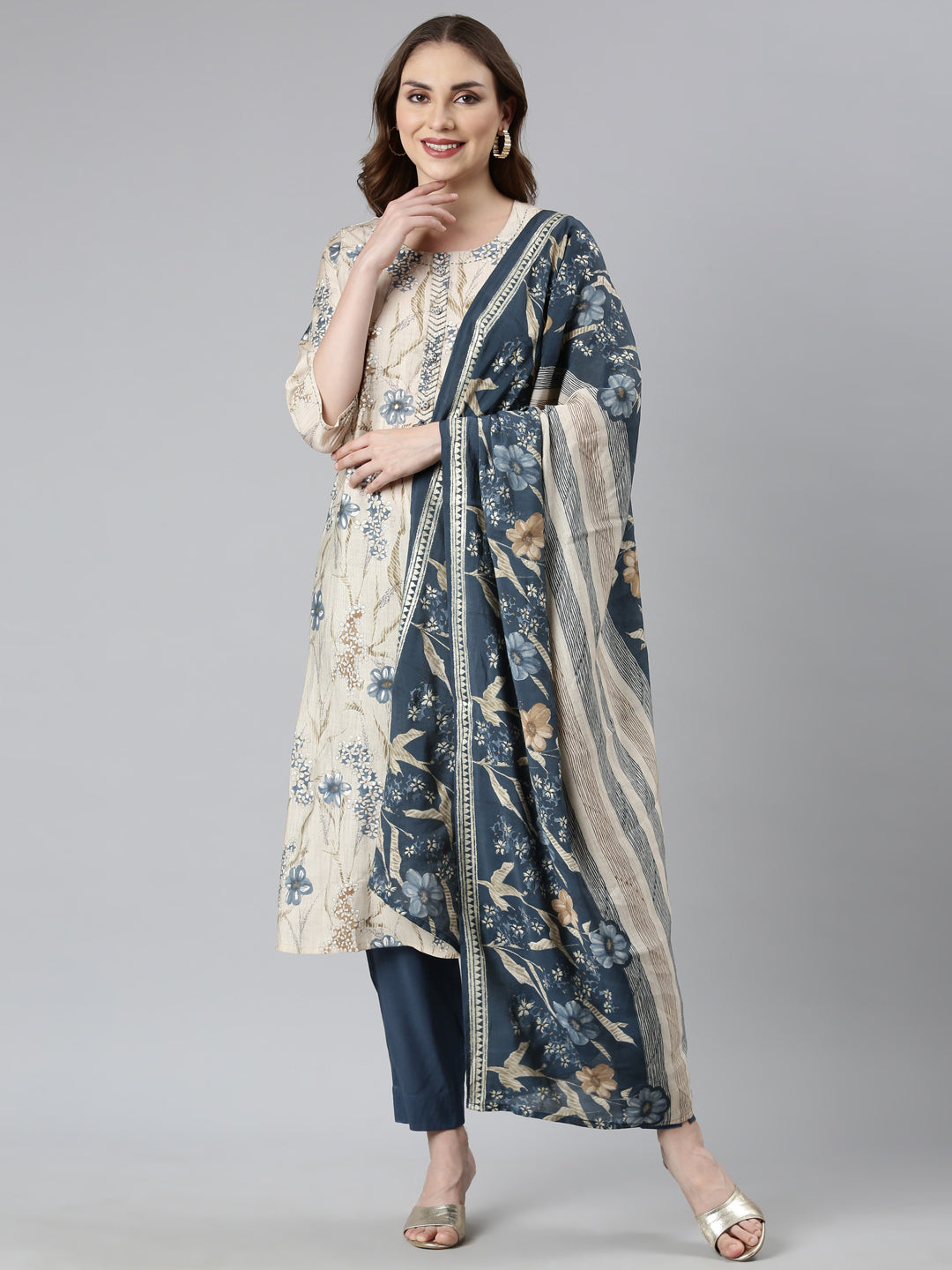 Neerus Blue Regular Straight Floral Kurta And  Trousers With Dupatta