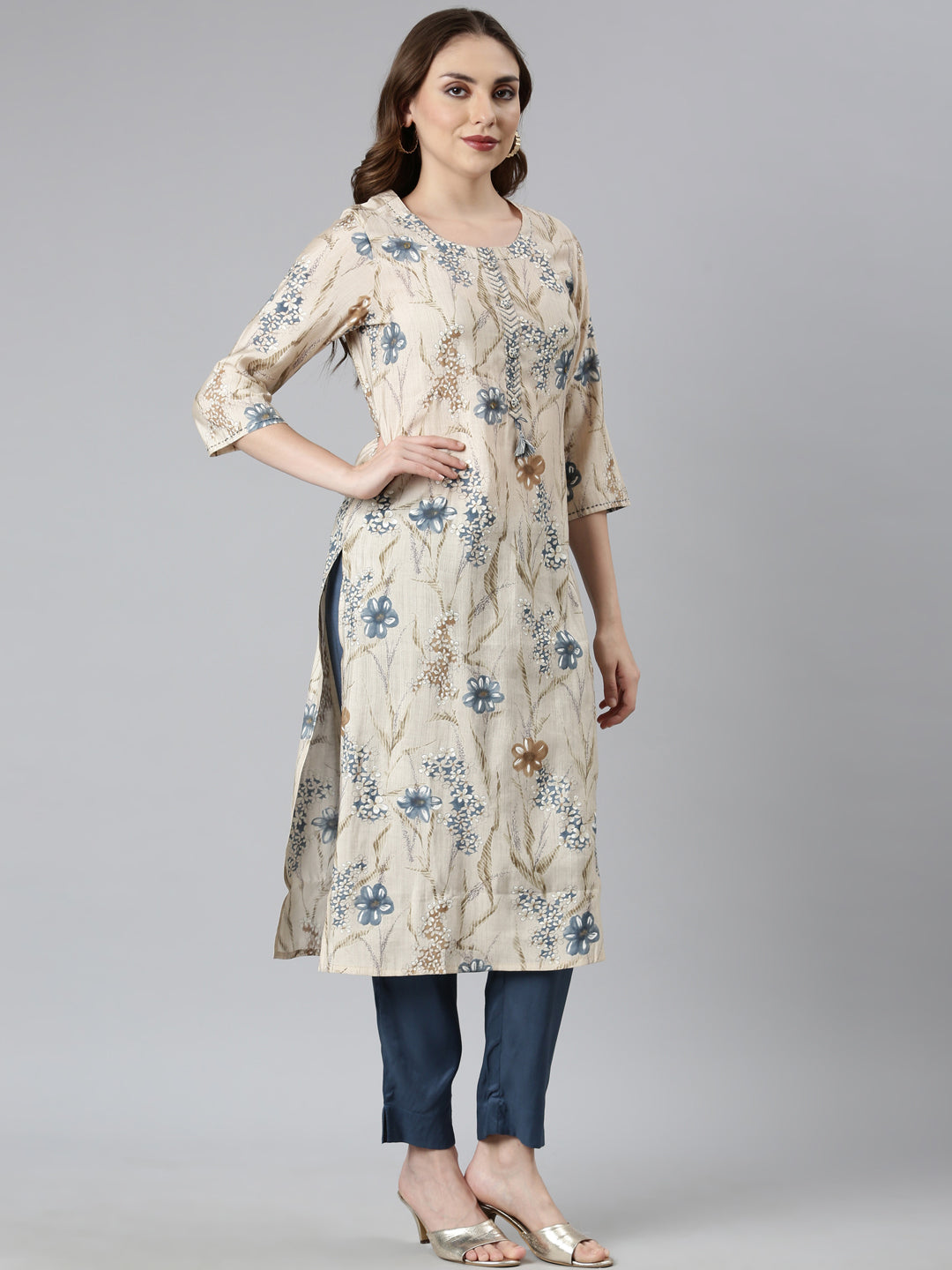 Neerus Blue Regular Straight Floral Kurta And  Trousers With Dupatta