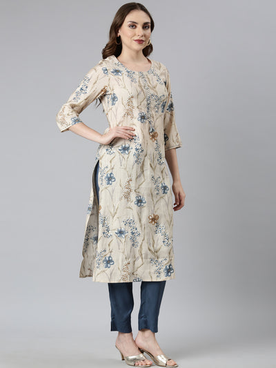 Neerus Blue Regular Straight Floral Kurta And  Trousers With Dupatta