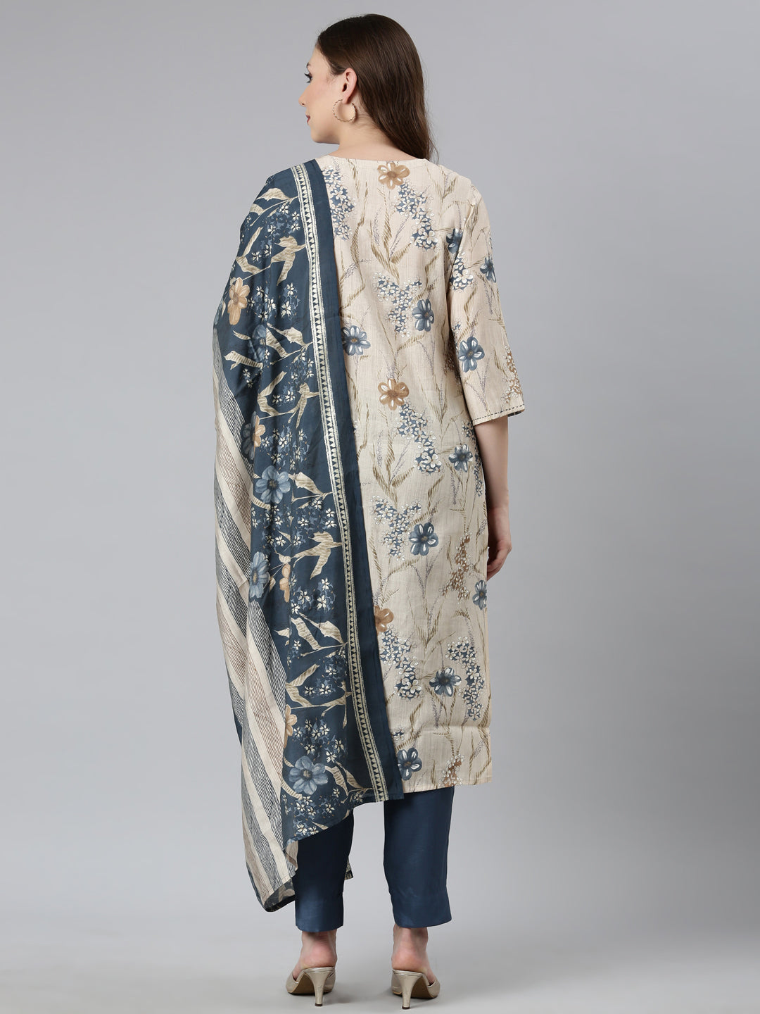 Neerus Blue Regular Straight Floral Kurta And  Trousers With Dupatta