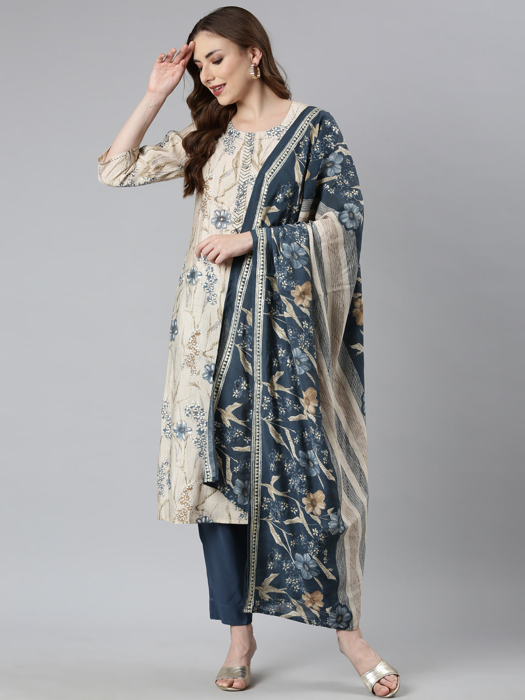 Neerus Blue Regular Straight Floral Kurta And  Trousers With Dupatta