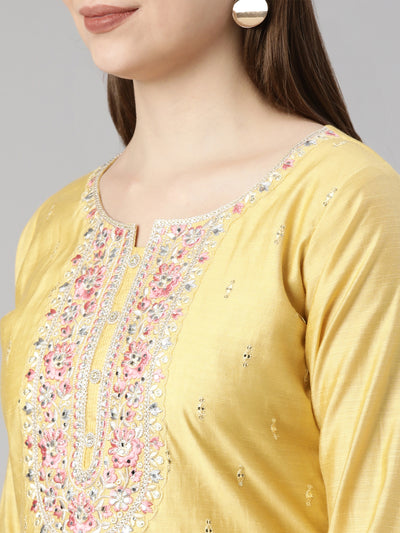 Neerus Mustard Regular Straight Floral Kurta And  Trousers With Dupatta