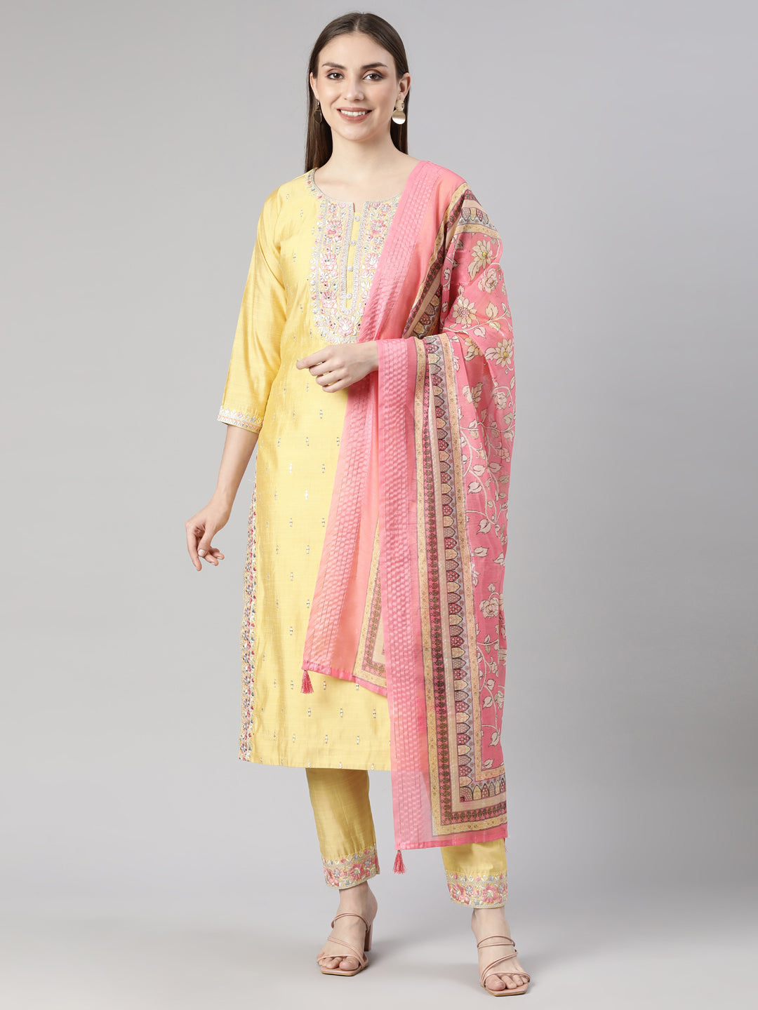 Neerus Mustard Regular Straight Floral Kurta And  Trousers With Dupatta