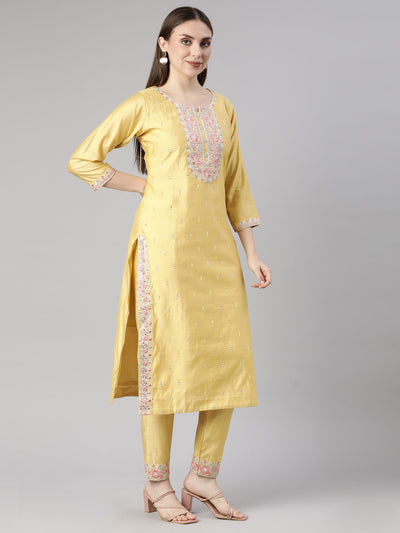 Neerus Mustard Regular Straight Floral Kurta And  Trousers With Dupatta