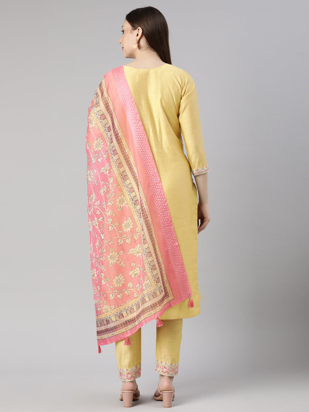 Neerus Mustard Regular Straight Floral Kurta And  Trousers With Dupatta