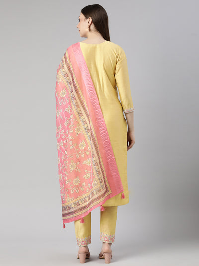 Neerus Mustard Regular Straight Floral Kurta And  Trousers With Dupatta