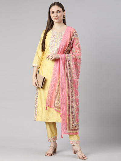 Neerus Mustard Regular Straight Floral Kurta And  Trousers With Dupatta