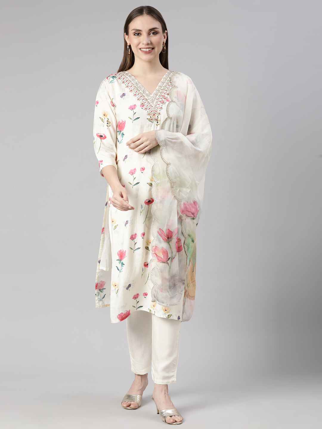 Neerus Cream Regular Straight Floral Kurta And  Trousers With Dupatta