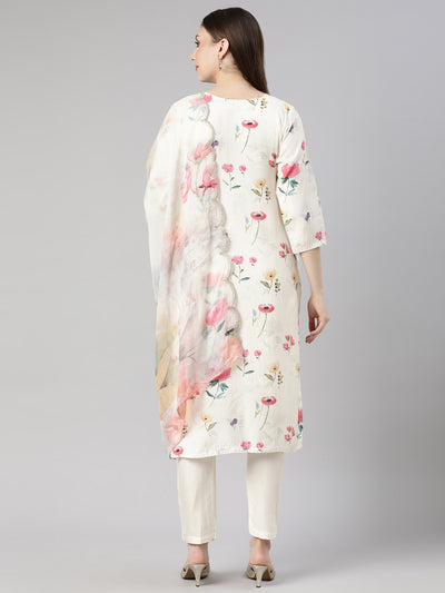 Neerus Cream Regular Straight Floral Kurta And  Trousers With Dupatta