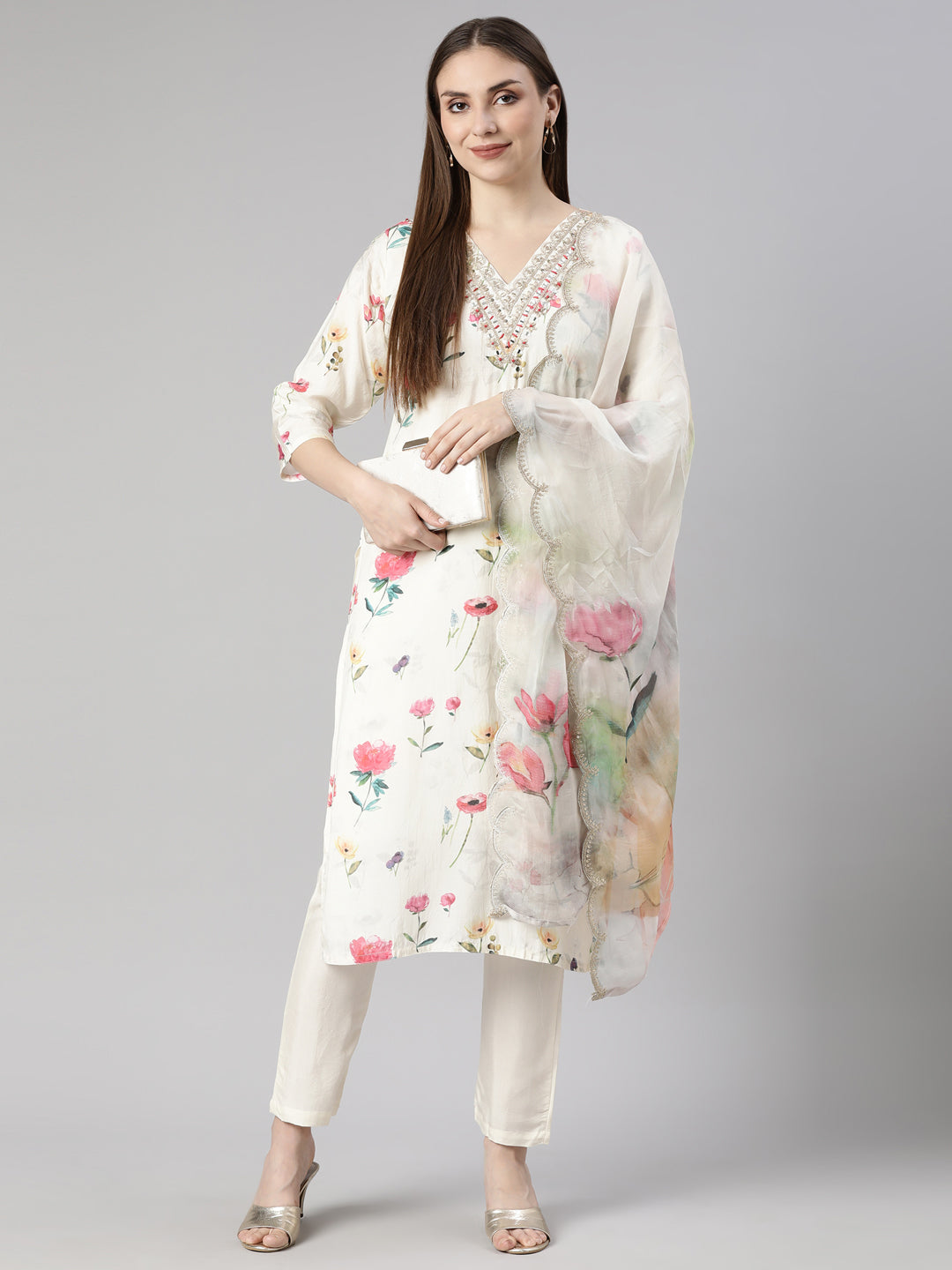 Neerus Cream Regular Straight Floral Kurta And  Trousers With Dupatta