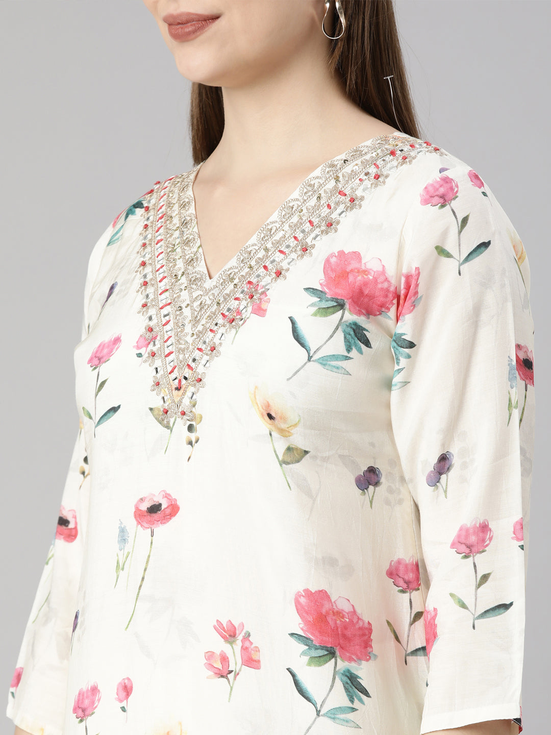 Neerus Cream Regular Straight Floral Kurta And  Trousers With Dupatta