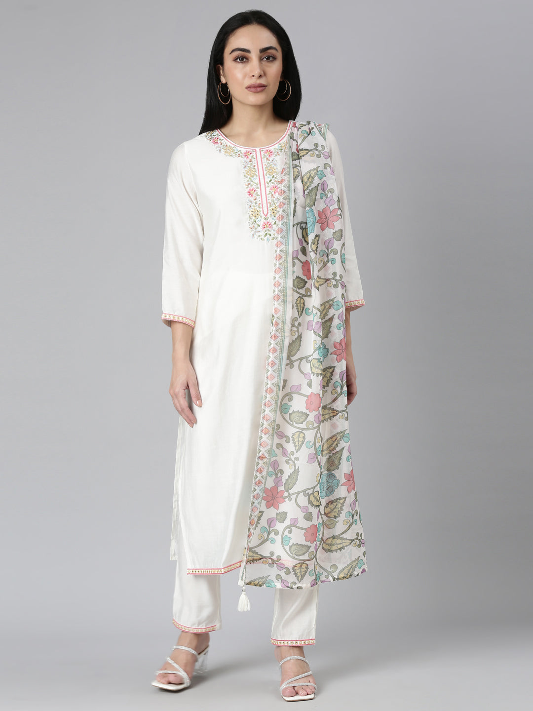 Neerus white Regular Straight Solid Kurta and Trousers With Dupatta