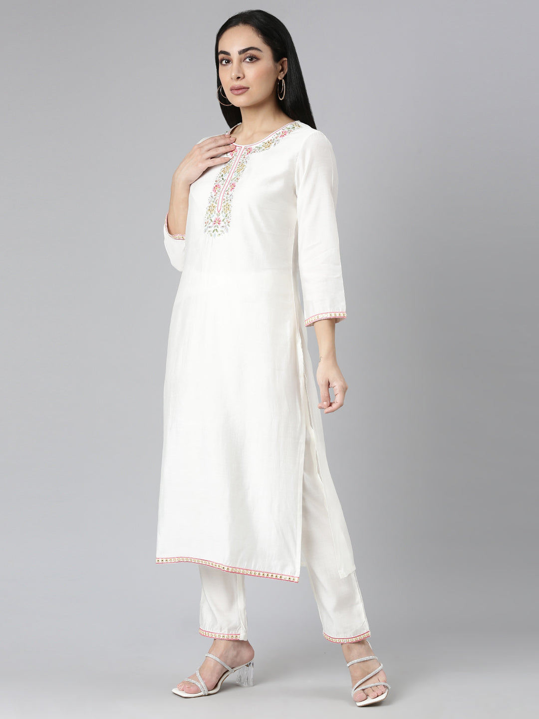 Neerus white Regular Straight Solid Kurta and Trousers With Dupatta