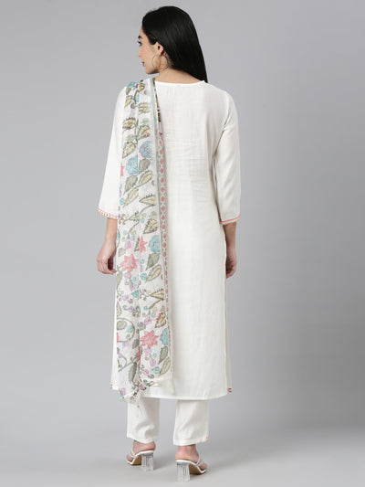 Neerus white Regular Straight Solid Kurta and Trousers With Dupatta