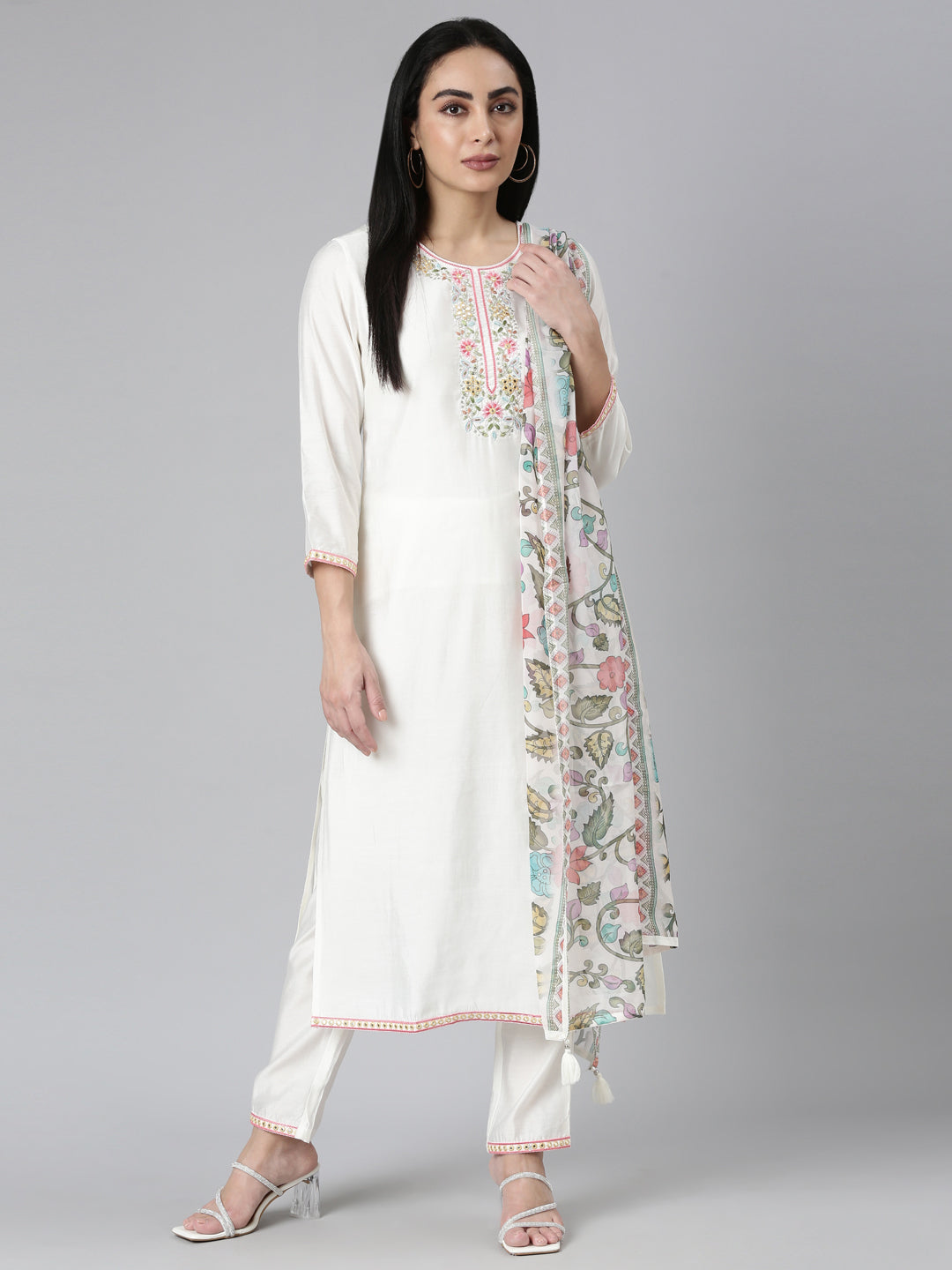 Neerus white Regular Straight Solid Kurta and Trousers With Dupatta