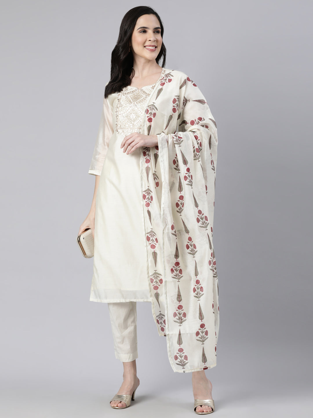 Neerus Cream Regular Straight Solid Kurta And  Trousers With Dupatta