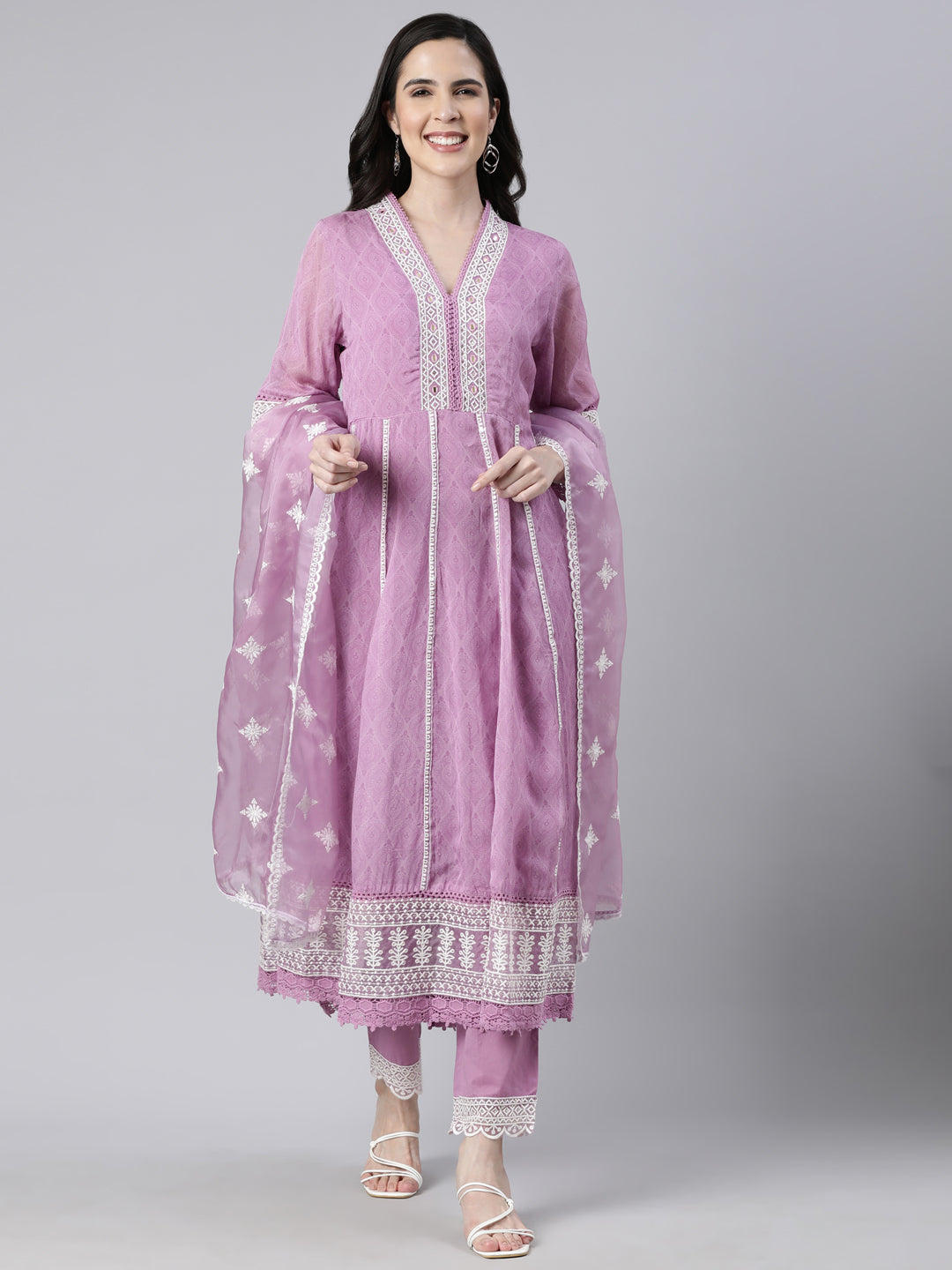 Neerus Lavender Regular Straight Floral Kurta And  Trousers With Dupatta