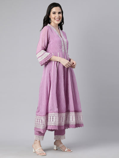 Neerus Lavender Regular Straight Floral Kurta And  Trousers With Dupatta