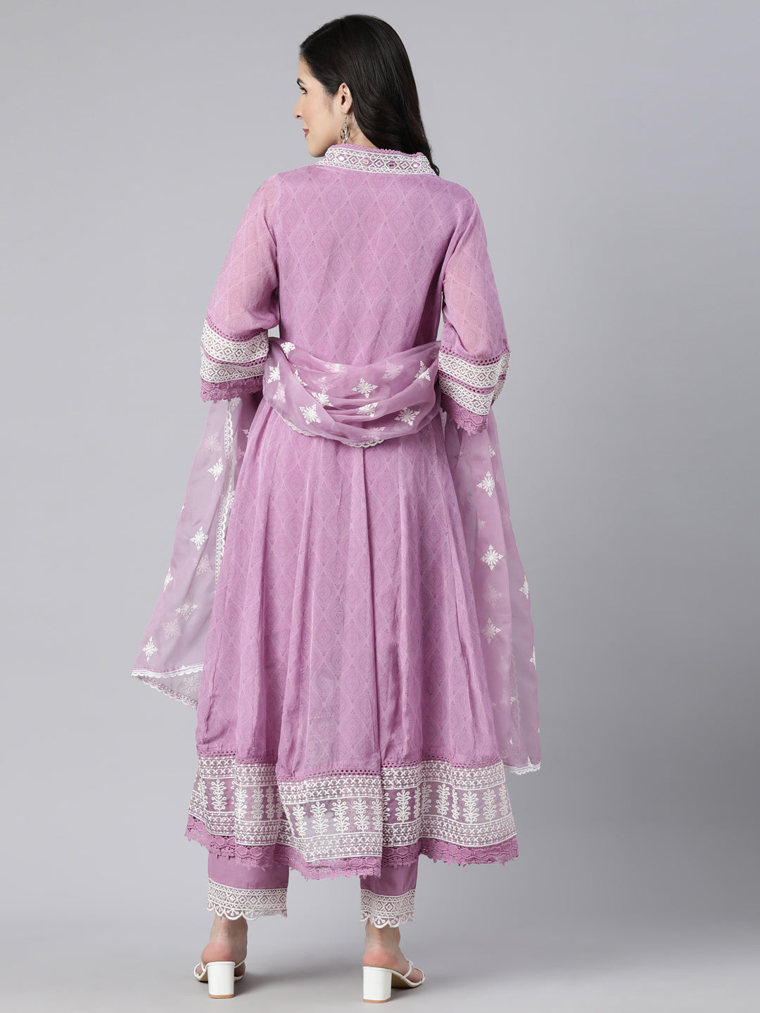 Neerus Lavender Regular Straight Floral Kurta And  Trousers With Dupatta