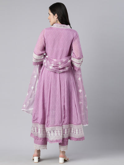 Neerus Lavender Regular Straight Floral Kurta And  Trousers With Dupatta