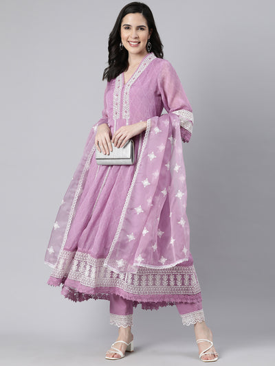 Neerus Lavender Regular Straight Floral Kurta And  Trousers With Dupatta