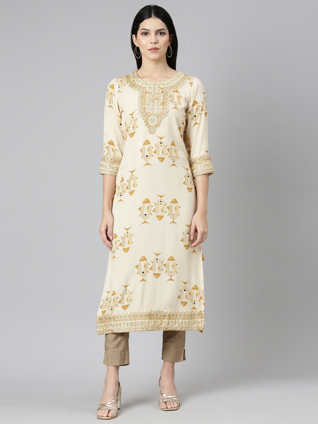 Neeru's Cream Regular Straight Printed Kurtas