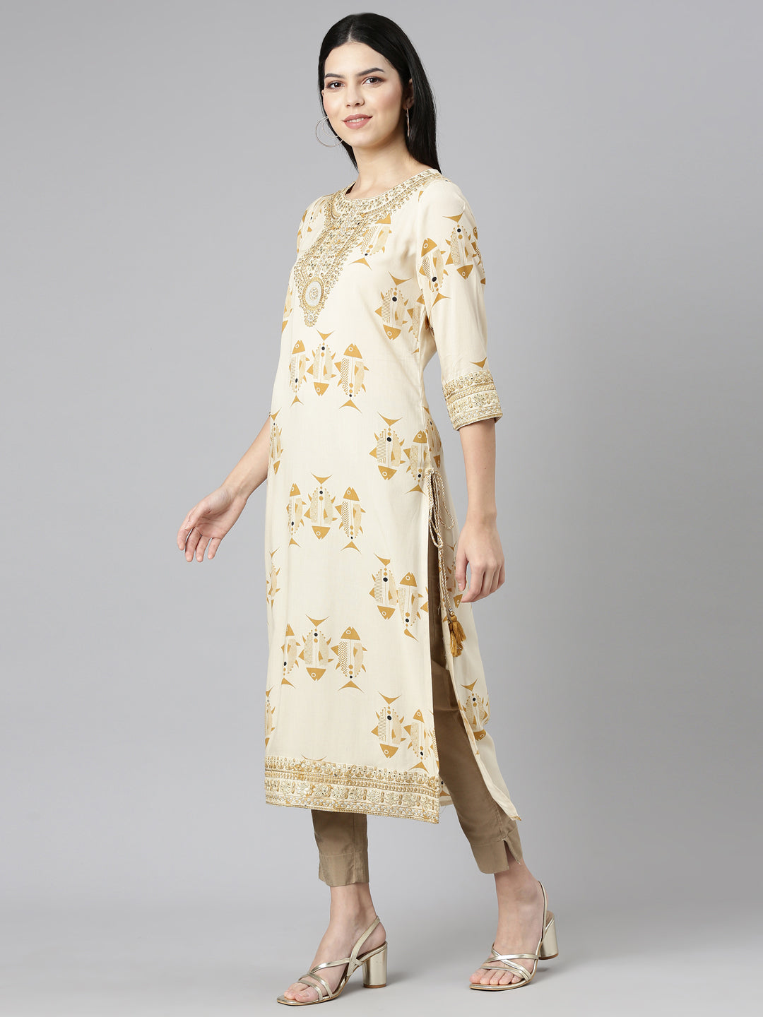 Neeru's Cream Regular Straight Printed Kurtas